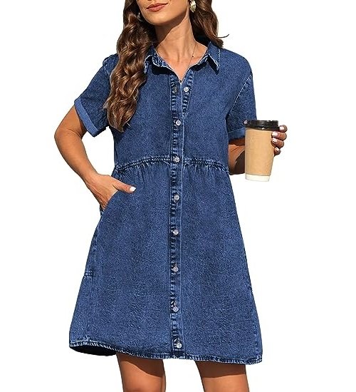Dress for Women with Pockets Short Sleeve Babydoll Denim Shirt Dresses for Women