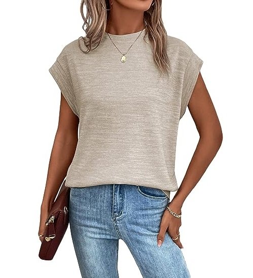 Women's Mock Neck Cap Sleeve T Shirts Tops Casual Basic Tee