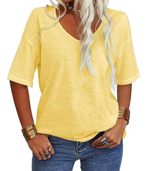 Women V-Neck Half Sleeves Oversized T Shirt Solid Casual Loose Basic Tops
