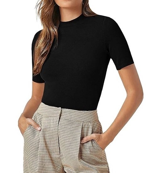 Women's Casual Basic Mock Neck Short Sleeve Rib Knit Tee Top