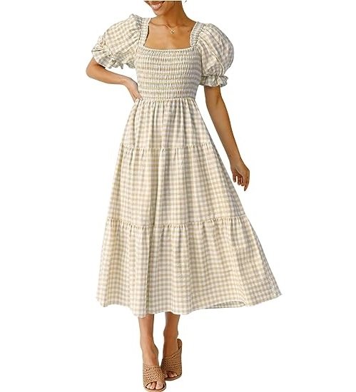 Women's Bohemian Summer Plaid Square Neck Puff Sleeve Ruffle Midi Dress