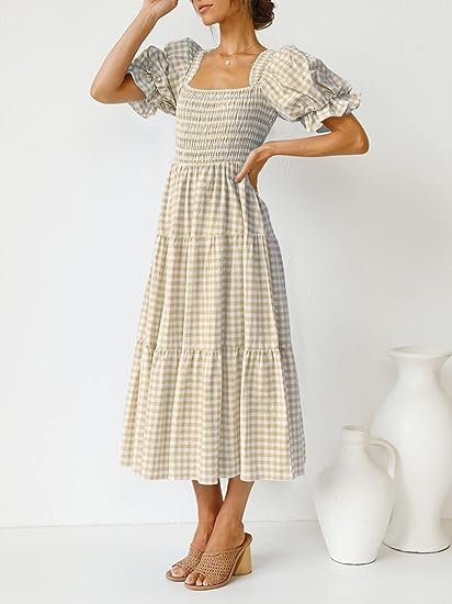 Women's Bohemian Summer Plaid Square Neck Puff Sleeve Ruffle Midi Dress