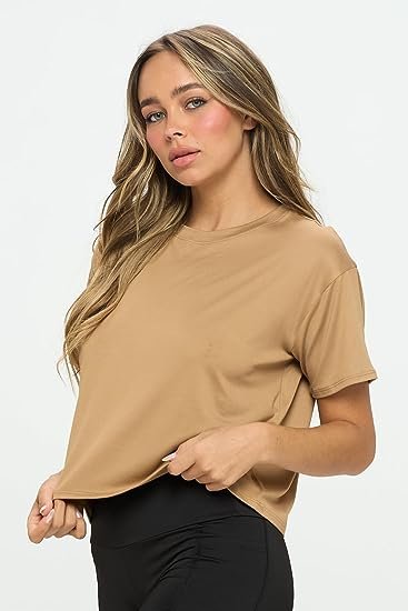 Women's Cropped Tops - Short Sleeve Soft Square Crew Neck Casual Cropped Tee
